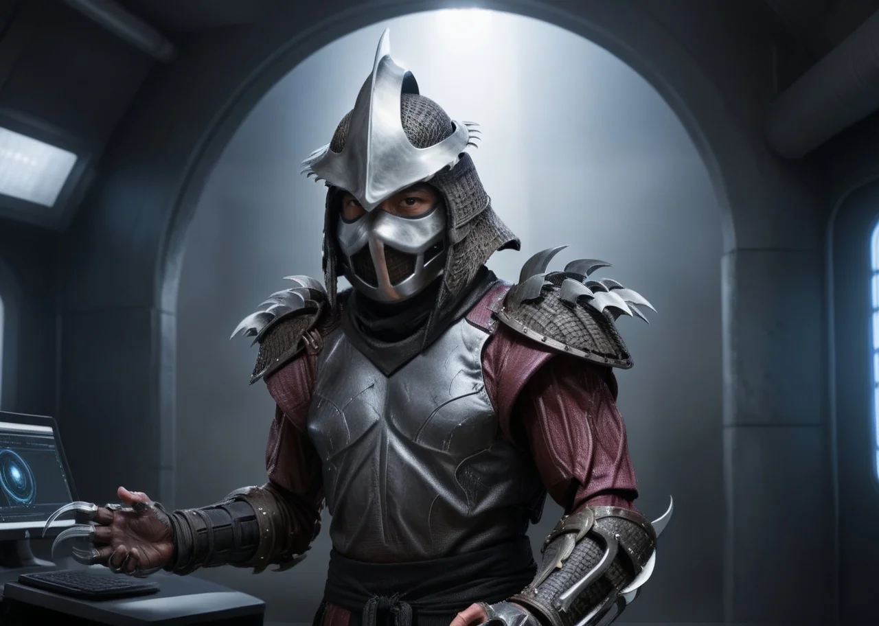 a highres photo of a TMNTShredder 1man armored samurai knight with claw gauntlets, wearing a futuristic full armor outfit with pauldrons and metal samurai helmet with mask, in a futuristic research facility, computers, futuristic machines, futuristic lights, muscular, <lora:90s_TMNT_Shredder_SDXL:1>