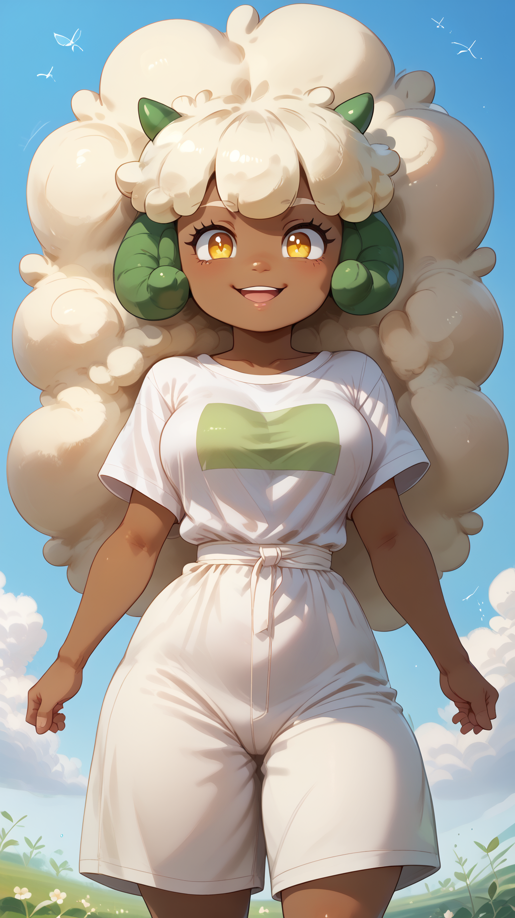 score_9, score_8_up, score_7_up, score_6_up, score_5_up, score_4_up, masterpiece, high quality,   whimsicott,  <lora:Whimsicott-:0.9> Whimsicott, pokemon, creature, girl, 1girl, lots of hair, excessive hair, white hair, tanned, ram horns, green horns, 1girl, whimsicott on shoulder, large breasts, loose shirt,  <lora:Microwaist_XL_v01:0.97> microwaist, narrow waist, small waist,  <lora:Fluffy_pubes_v2_Pony:1>, cameltoe,
