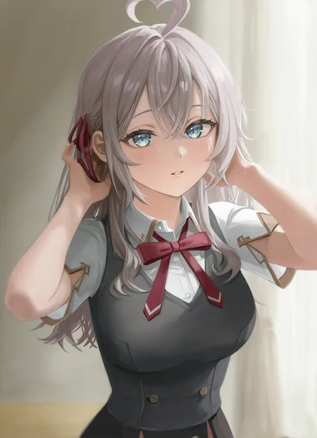 very awa,  <lora:ocanadana_ill:1.0>,  1girl, alisa mikhailovna kujou, tokidoki bosotto roshia-go de dereru tonari no arya-san, hands in hair,  masterpiece, [best quality:0.15], newest, absurdres, very aesthetic, best quality, year 2024, newest,