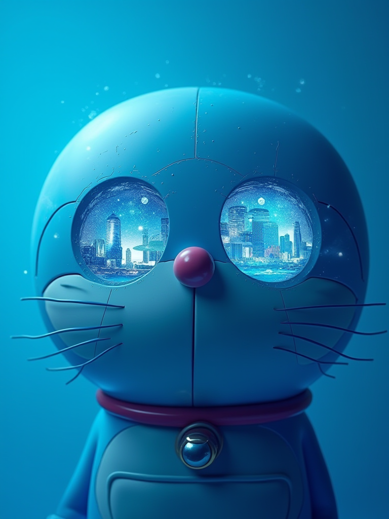 Poster Design Concept: "Doraemon: Surreal Tech Vision"
Overall Style:

Surrealism Meets Technology: The poster will blend surreal elements with a sleek technological aesthetic, focusing on Doraemon’s eyes to evoke a sense of wonder and curiosity.
Key Elements:

Doraemon’s Eyes as the Focal Point: The close-up will capture the intricate details of Doraemon’s eyes, reflecting a myriad of holographic images and data streams. The eyes will be large and expressive, conveying emotions of curiosity and intelligence.
Holographic Reflections: Within his eyes, incorporate reflections of futuristic gadgets, digital landscapes, and abstract shapes, suggesting a world of possibilities and adventures.
Background Design:

Pure Blue Background: The background will be a smooth, gradient blue, creating a calming yet futuristic atmosphere. The simplicity of the blue will allow Doraemon's features to stand out dramatically.
Subtle Tech Patterns: Overlay faint, circuit-like patterns or digital grids in a slightly darker shade of blue to enhance the technological feel without overwhelming the main focus.
Lighting and Effects:

Soft Glows and Highlights: Use soft, glowing effects around Doraemon’s eyes to create an ethereal quality. The light can subtly shift from deep blue to bright cyan, emphasizing the surreal aspect.
Depth of Field: Apply a shallow depth of field to blur the background slightly, ensuring that all attention is drawn to Doraemon’s face and eyes.
Color Palette:

Monochromatic Blues with Hints of Silver: Stick to varying shades of blue, accented with silver or white highlights to enhance the tech feel. The cool color palette will create a serene yet futuristic ambiance.
Overall Effect:
This poster will present Doraemon in a surreal, tech-inspired light, focusing on his eyes to symbolize the vast potential of imagination and technology. The minimalist blue background will enhance the overall impact, allowing viewers to connect deeply with the character while being transported into a dreamlike, futuristic realm. The design aims to evoke a sense of curiosity and wonder, appealing to both fans of Doraemon and lovers of innovative art.