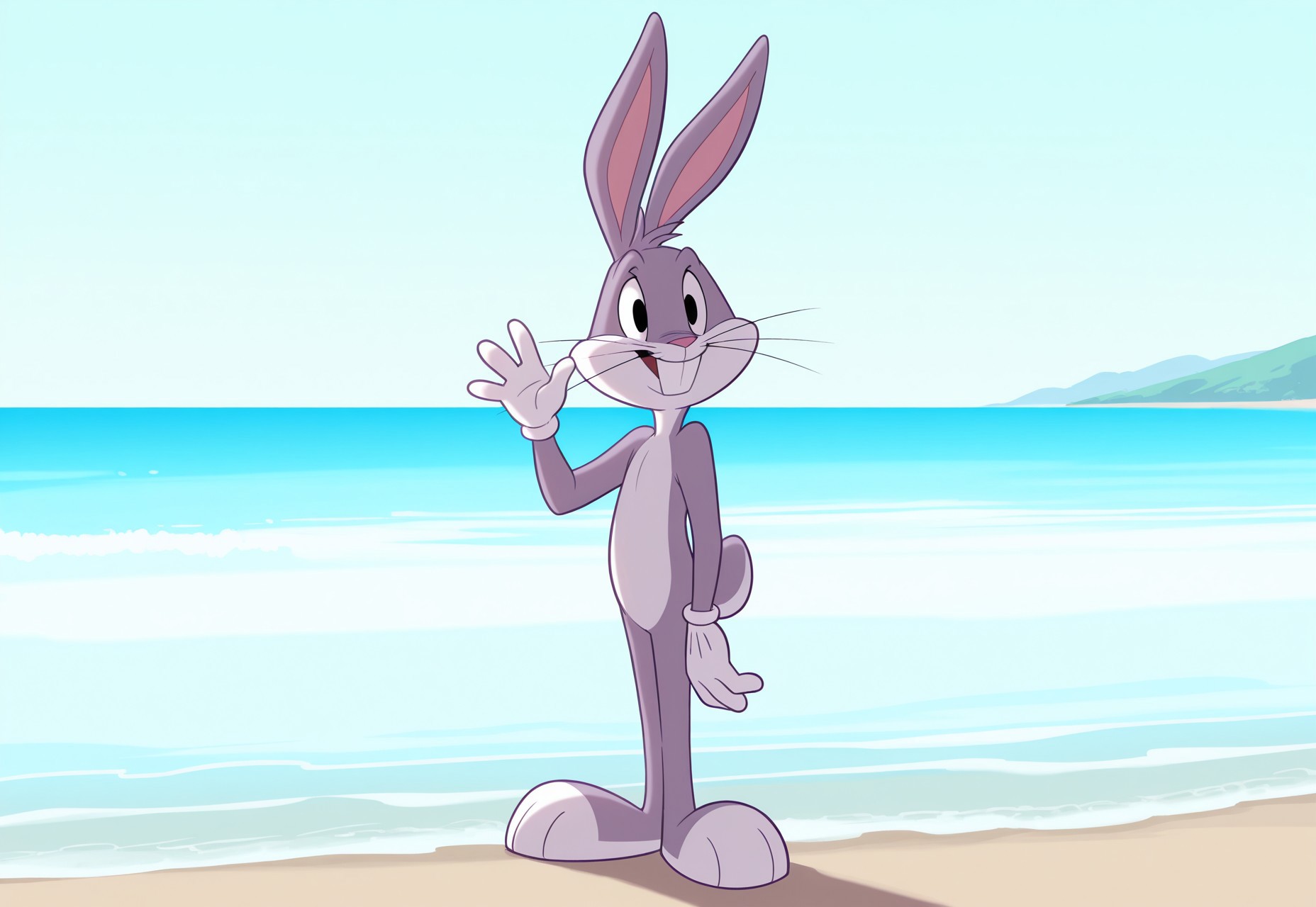 safe_pos, safe_pos, safe_pos, safe_pos, safe_pos, artwork, digital artwork, colorful source_e621, score_9, score_8_up, score_7_up, score_6_up, score_5_up, score_4_up, solo, bugs bunny, rabbit, rabbit boy, male, rabbit tail, rabbit ears, buck teeth, whiskers, black eyes, white sclera, 1boy, furry, detailed background, background, fullbody, smiling, waving hello, happy, detailed, detailed face, detailed eyes, detailed mouth, detailed teeth, detailed background, outdoors, outside, beach, clothed, excellent detail, perfect detail, perfect eyes, perfect face, perfect mouth, perfect teeth, animal, shirtless, nude, naked, sfw, natural lighting, four fingers, 