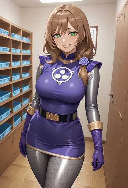 score_9, score_8_up, score_7_up, BREAK,
1girl, solo, BREAK,
sentaikageblue, shiny clothes, spandex, BREAK,
silver bodysuit, fishnet bodysuit, bodysuit under clothes, purple dress, shoulder pads, black belt, purple gloves, no headwear, BREAK,
lisa minci, brown hair, green eyes, long hair, low tied hair, large breasts, thick thighs, BREAK,
standing, smug, smile, teeth, BREAK,
indoors, Japanese locker room, shelf, clothes basket, bamboo tile floor, wooden floor