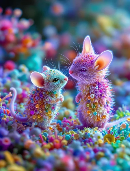 surreal VFX, nano-cat and nano-mouse best friends for life seen under an electron scanning microscope, with details, vivid colors