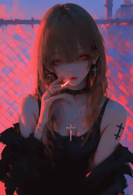 1girl,
very awa, 748cm, cigarette, jewelry, solo, cross, long hair, smoking, necklace, brown hair, cross necklace, piercing, tattoo, choker, earrings, ear piercing, fence, tank top, upper body, holding cigarette, jacket, off shoulder, red eyes, ring, holding, chain-link fence, black choker, hair between eyes, bare shoulders, looking at viewer, black jacket, black tank top, cross earrings, shirt, breasts, shoulder tattoo, black shirt, makeup, sleeveless, simple background, sleeveless shirt,
a digital illustration created by the artist wlop, showcasing a character from the series "Apex Legends. She is dressed in a black tank top and wears a choker necklace with a cross pendant. The background features a chain-link fence, adding an urban feel to the scene. The artwork captures a blend of realism and stylized elements, characteristic of wlop's distinctive style.
masterpiece, best quality, photo-referenced, painting \(medium\)
<lora:748cm-NoobEPS100-lokr-v03-000080:1>