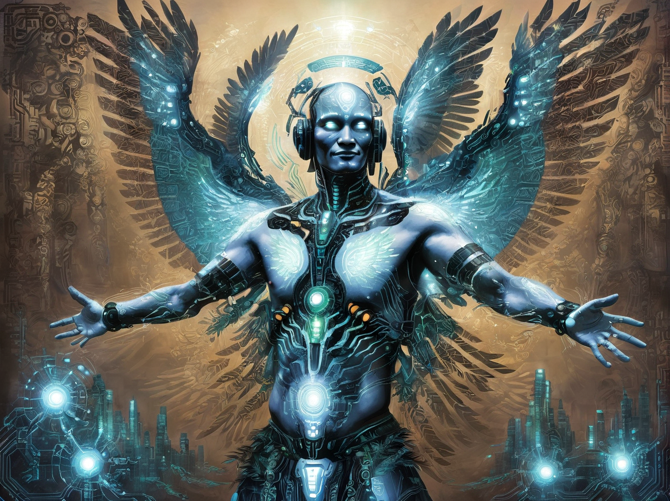 <lora:ge0g1yph1ks:0.75>ge0g1yph1ks tribal cybernetic man spreads wings