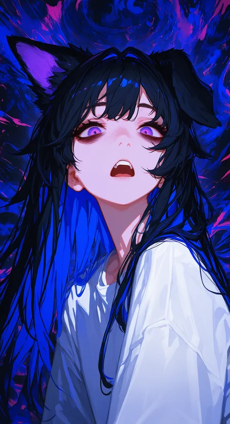 masterpiece, best quality, good quality, very awa, very aesthetic, absurdres, newest, 1girl, animal ears, bags under eyes, black hair, blue hair, colored inner hair, dog ears, dog girl, long hair, multicolored hair, open mouth, purple eyes, shirt, solo, teeth, two-tone hair, upper teeth only, white shirt,
looking at viewer, abstract background, <lora:ponyv4_noob1_2_adamW-000017:0.7> <lora:USNR_STYLE_XL_lokr:0.45>