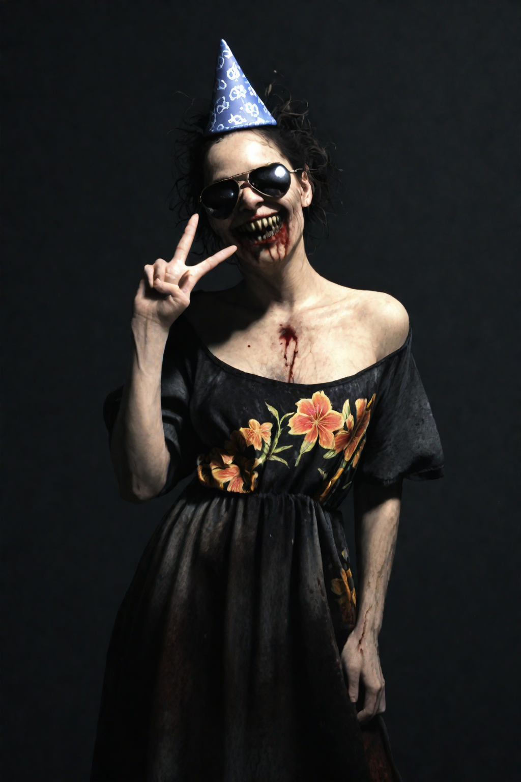 score_9, score_8_up, score_7_up, BREAK .
Front view portrait, Lisa from Silent Hill, exaggerated comical pose, oversized heart-shaped sunglasses, party hat on messy hair, hawaiian lei over bloody dress, grotesque smile with mismatched teeth, pale ghostly skin, making peace sign with spectral hands, horror movie lighting, dark shadowy background, neon color accents, blood dripping from party decorations, hyper-realistic textures, uncanny valley effect, surreal atmosphere, mix of terror and absurdity, high-contrast lighting, 8k resolution, photorealistic rendering.
 <lora:P.T_SILENT_HILLS:1>silenthillspt style.
full black theme, first-person perspective, shaky view, analog distortion, VHS artifacts, scanlines, tracking errors, low-fi aesthetics, blurred edges, fish-eye lens effect, handheld movement, found footage style, slightly out of focus, degraded image quality, glitch effects, chromatic aberration, time code overlay, interlaced scan lines, muted colors, low light visibility, grainy texture.
