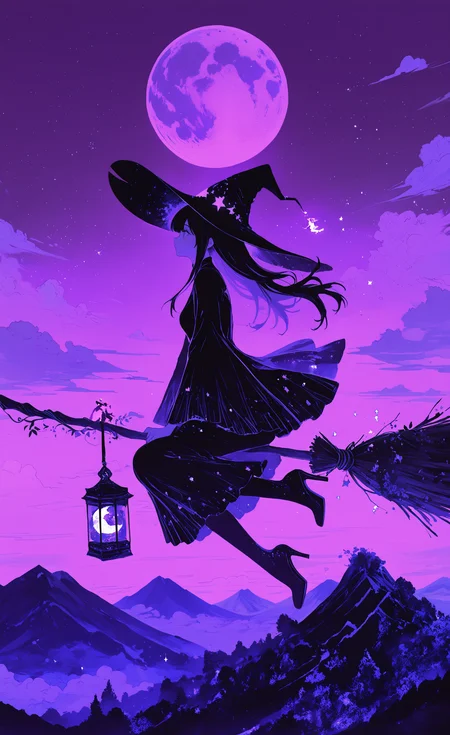 masterpiece, best quality, good quality, very awa, newest, highres, absurdres, 1girl, solo, long hair, long sleeves, dress, hat, outdoors, sky, cloud, wide sleeves, from side, high heels, profile, floating hair, night, witch hat, moon, plant, star \(sky\), night sky, full moon, starry sky, broom, lantern, mountain, witch, limited palette, purple theme, broom riding, colorful, purple sky, limited palette, <lora:illustriousXL_stabilizer_v1.23:0.3> <lora:NOOB_vp1_detailer_by_volnovik_v1:0.3> <lora:ponyv6_noobE11_2_adamW-000017:0.3> <lora:114558v4df2fsdf5:0.6> <lora:XXX667:0.4> <lora:mon_monmon2133:0.5>
