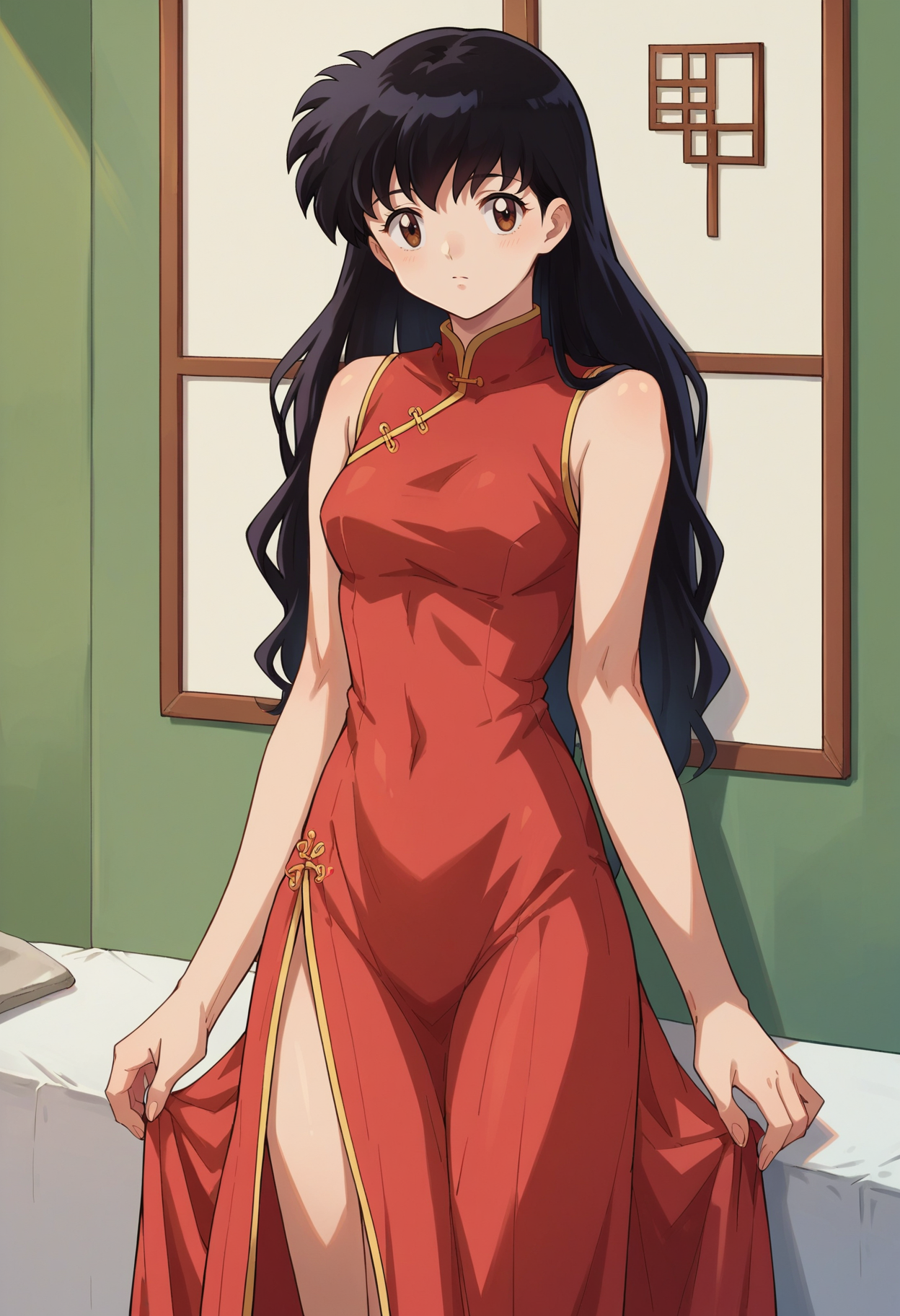 score_7, score_8_up, score_7_up, source_anime, 1girl, solo, looking at viewer, <lora:EPinKagumeSDXL-13:1.0>, EPinKagome, black hair, brown eyes, long hair, detailed background, china dress, cowboy shot, indoors, [living room|kitchen|bed room|classroom|bath room| train interior| car interior]