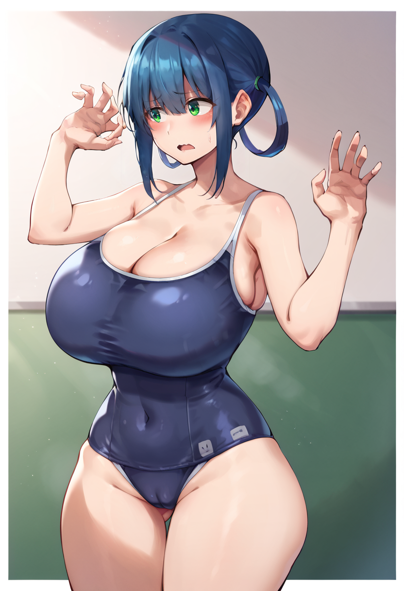 score_9, score_7_up,  1girl, 
huge breasts, wide hips, thick thighs, green eyes, eyes visible through hair, open mouth, thighs, hair rings, highleg swimsuit, hands up, collarbone, cleavage, white border, highleg, standing, blunt ends, solo, hair between eyes, bare arms, curvy, embarrassed, school swimsuit, purple one-piece swimsuit, swimsuit, blue hair, bare shoulders, breasts, ass visible through thighs, blush, cowboy shot, covered navel, cameltoe, border, curled fingers, looking to the side, one-piece swimsuit
 <lora:hirunagi-Style-PonyXL-GLoRA-v1.1-000047:1>