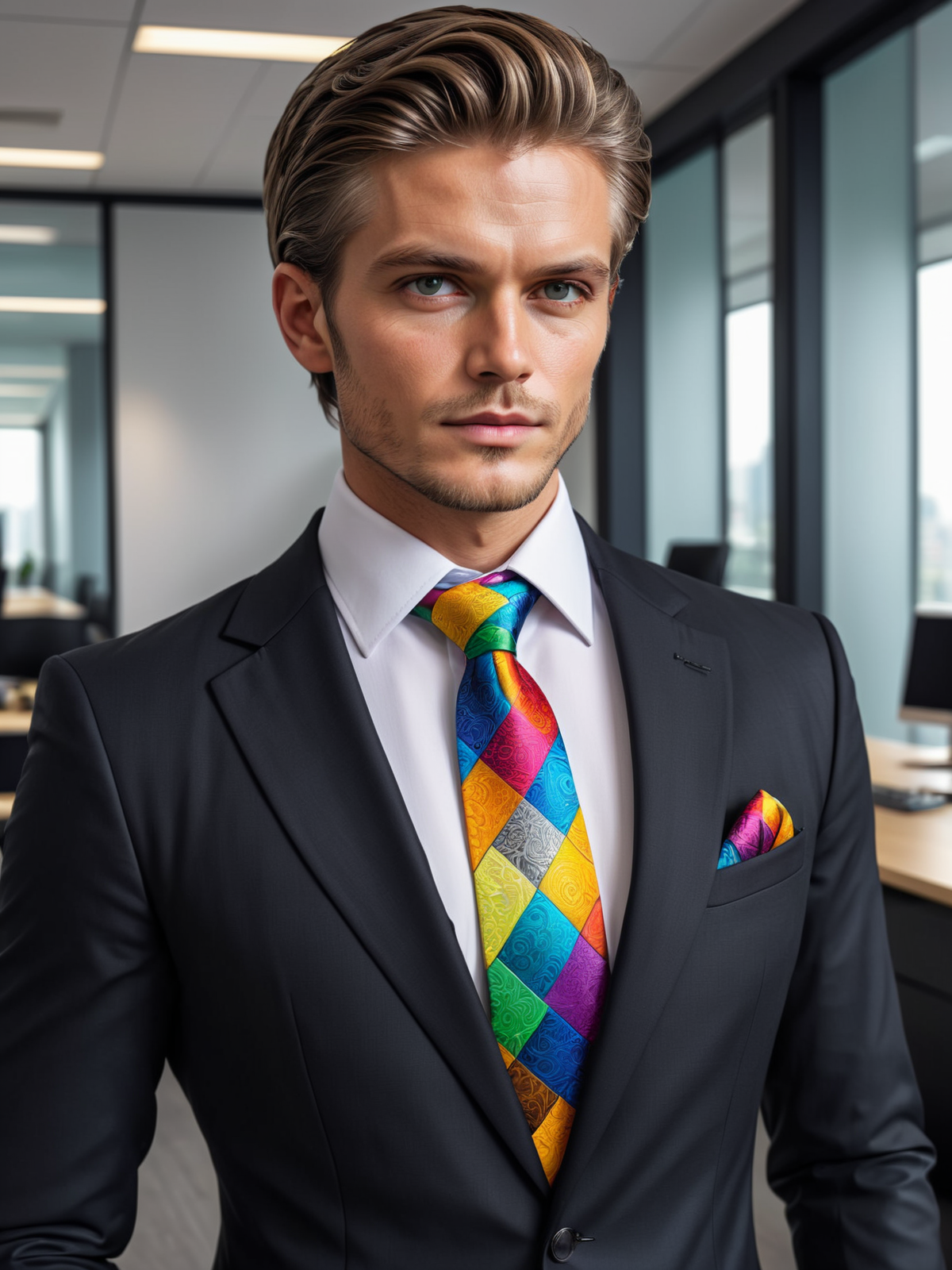 man wearing a color mad-tilestyle necktie and white shirt and black suit in office, <lora:Colorful_Tile_Style_SDXL:0.6>, (masterpiece:1.2), best quality, (hyperdetailed, highest detailed:1.2), high resolution textures