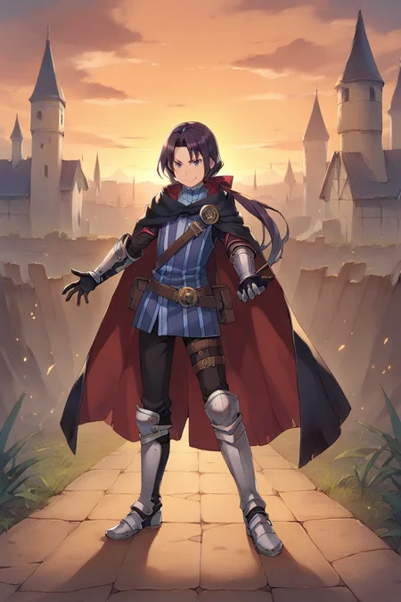 score_9, score_8_up, score_7_up, score_6_up, source_anime, BREAK, <lora:Russell:0.7> , rusdef, 1boy, purple hair, long hair, ponytail, low ponytail, hair ribbon, cloak, cape, tunic, belt, gloves, gauntlets, boots, (looking at viewer), dominant expression, smug smirk,  action pose, full body, <lora:detailed_backgrounds_v2:0.6> , masterpiece, best quality, very aesthetic, absurdres, wasteland, outdoors, sunset, nature, fortress, castle, <lora:gr33nXLP:0.6> , gr33n,  two arms,