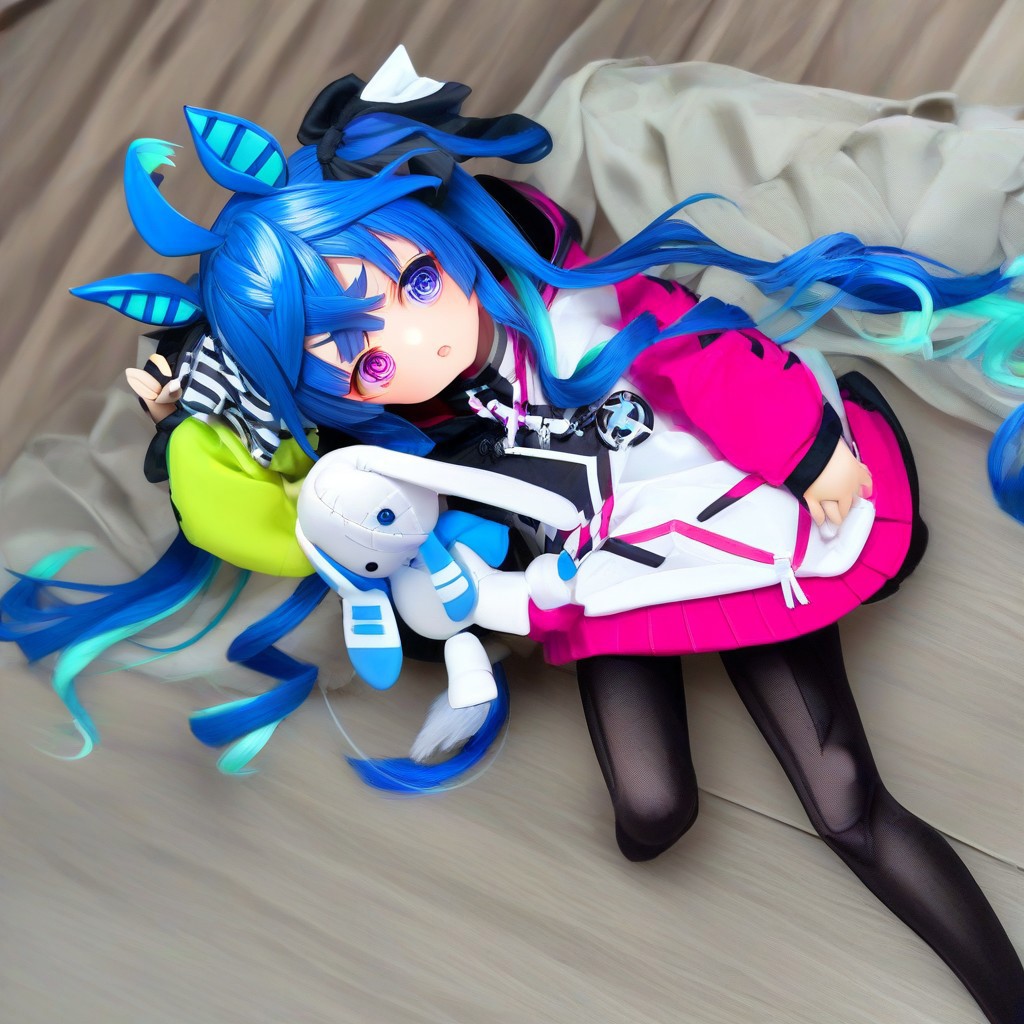 tw1nturb0, horse tail, two-tone hair, blue hair, aqua hair, ahoge, crossed bangs, twintails, hair ribbon, animal ears, heterochromia, purple eyes, blue eyes, @ @,multicolored coat, hooded coat, drawstring, long sleeves, black pantyhose, stuffed toy, stuffed rabbit,doll_style,doll