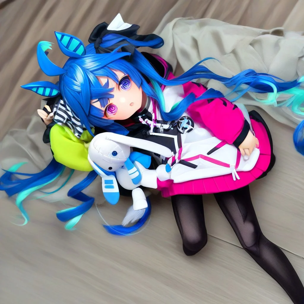 tw1nturb0, horse tail, two-tone hair, blue hair, aqua hair, ahoge, crossed bangs, twintails, hair ribbon, animal ears, heterochromia, purple eyes, blue eyes, @ @,multicolored coat, hooded coat, drawstring, long sleeves, black pantyhose, stuffed toy, stuffed rabbit,doll_style,doll