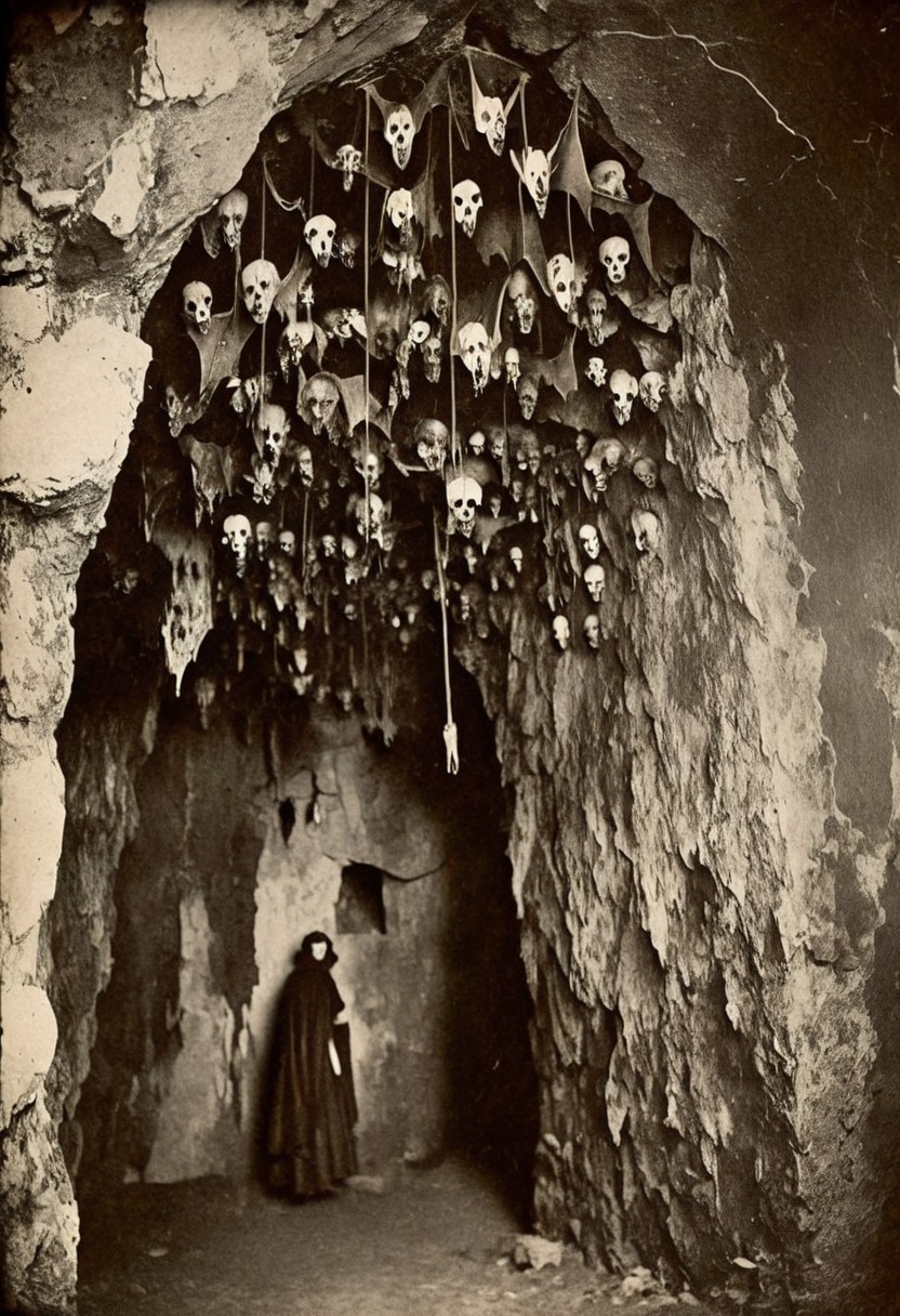 antique photo, eerie atmosphere, creepy, cave, descent into madness, lovecraft horror, walls made of skulls, one bat hanging from the ceiling, <lora:Antique_Photo:1>