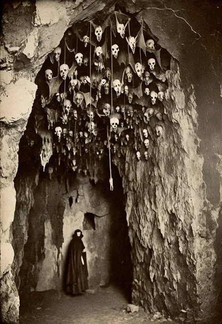 antique photo, eerie atmosphere, creepy, cave, descent into madness, lovecraft horror, walls made of skulls, one bat hanging from the ceiling, <lora:Antique_Photo:1>