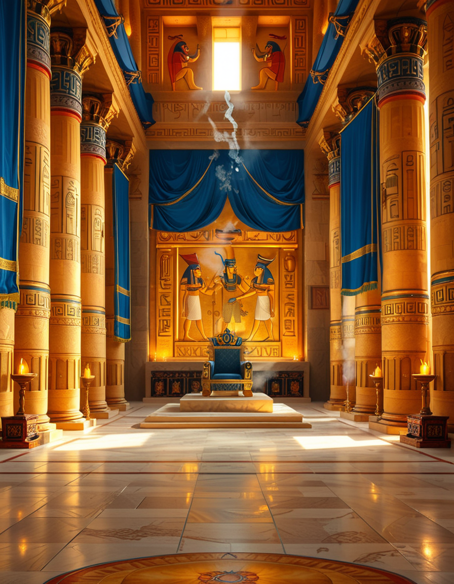 A grand and majestic ancient Egyptian throne room, illuminated by the warm glow of oil lamps and torches mounted on the intricately carved sandstone walls. The room is vast, with towering columns adorned with gold-inlaid hieroglyphs and bas-reliefs depicting gods such as Ra, Osiris, and Anubis, as well as scenes of royal ceremonies and offerings. The walls are covered with colorful frescoes, painted in deep shades of blue, red, and gold, telling the stories of ancient pharaohs and their divine rule.
At the center of the hall, an ornate golden throne rests atop a raised stone platform, accessible by a few steps. The throne is adorned with intricate carvings of winged sun disks, sacred cobras, and falcon motifs, symbolizing power and divine protection. The seat and backrest are encrusted with lapis lazuli, turquoise, and carnelian, creating a striking contrast against the polished gold. Two large stone statues of sphinxes flank the throne, their watchful eyes seeming to guard the empty seat of power.
The polished limestone floor reflects the flickering golden light of the torches, creating an almost mystical atmosphere. Large braziers shaped like lotus flowers release thin trails of fragrant incense smoke, adding to the sacred and mysterious ambiance of the room.
In the background, massive stone doors, partially open, reveal a glimpse of an open courtyard with palm trees and a distant view of the Nile River under a twilight sky. Through the high ceilings, small openings allow beams of moonlight to filter in, casting soft silver highlights across the chamber, blending with the warm tones of the torchlight.
The atmosphere is one of silence, mystery, and timeless majesty, as if the room has been left untouched for centuries, awaiting the return of a forgotten ruler.
<lora:SDXLFaeTastic2400:0.4> <lora:extremely_detailed:0.4> extremely detailed, <lora:ancient_Egyptian_thr0n3_r00m:1>,ancient Egyptian thr0n3 r00m, Masterpiece,best quality,hi res,8k,hi res,8k,award winning,(sharp focus, intricate, highly detailed),