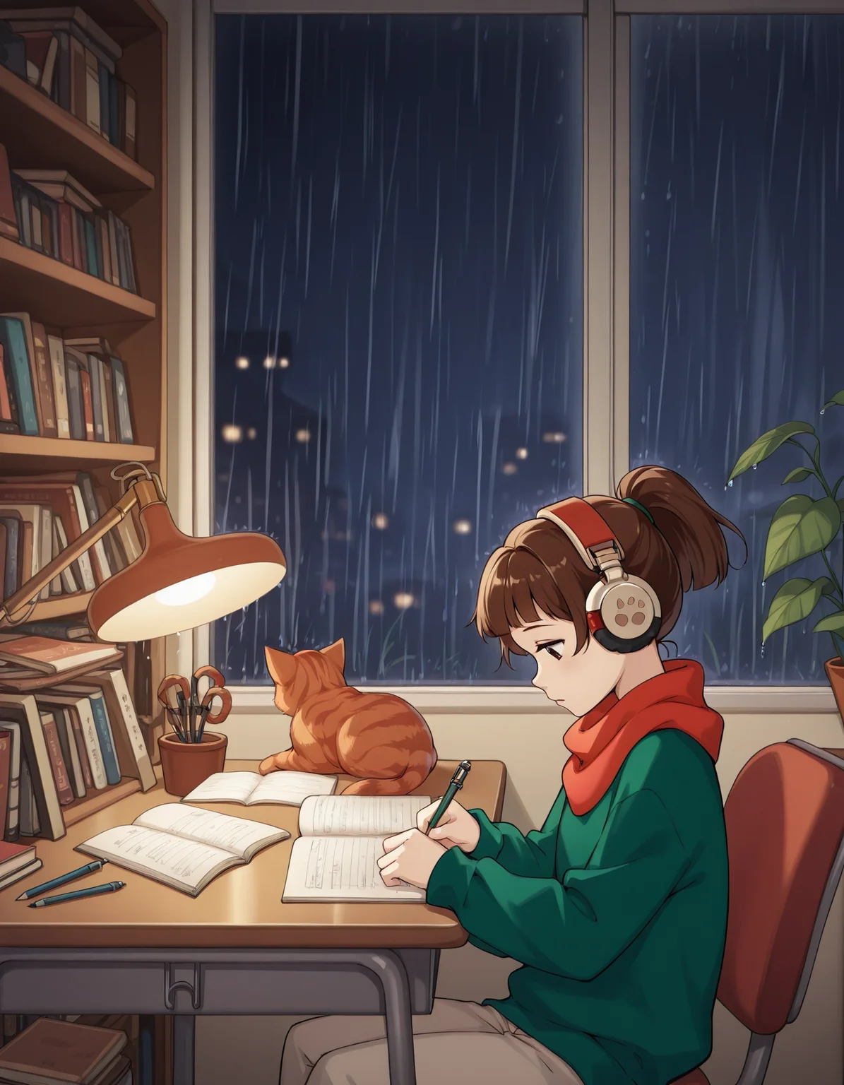 <lora:lofi-girl-illustrious-000030:1> 1girl, lfg, scarf, red scarf, sweater, green sweater, pants, headphones, pencil, studying, looking down, sitting, chair, desk, bookshelf, cat, window, indoors, night, raining, from side