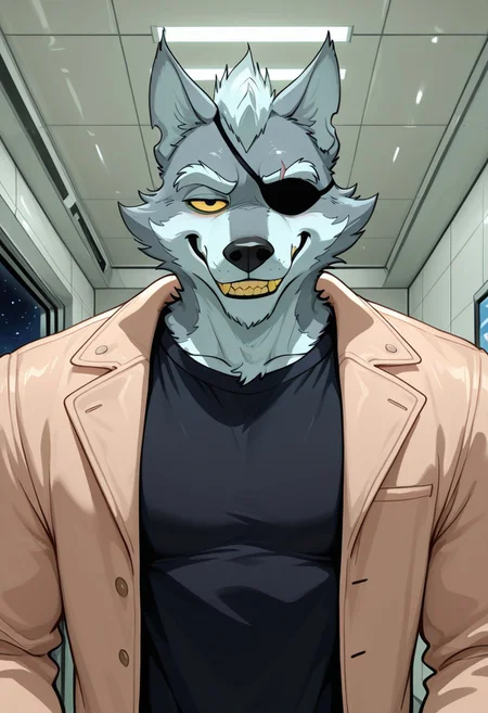 masterpiece, best quality, amazing quality, very aesthetic, absurdres, newest,  high quality, detailed, male, solo male, WolfgangSeamus, broad shoulders, mature male, black eyes, yellow sclera, athletic build, animal ears, wolf, scruffy, anthro male, gray fur, eyepatch on left eye, black shirt, tan jacket, indoors, grinning, smug, standing, bust shot, close up, looking at viewer, indoors, space station