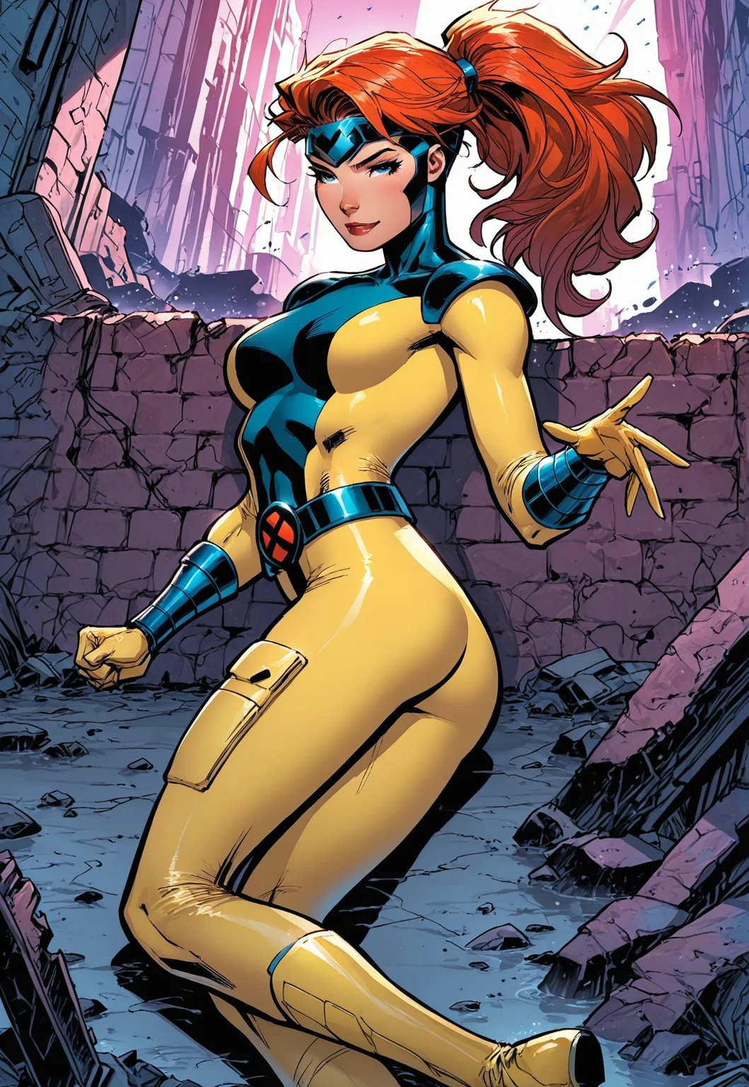 1girl, solo, jngryclsic, long hair, ponytail, asymmetrical bangs, headband, turtleneck, sleek yellow bodysuit, blue accents, pauldrons, vambraces, belt, boots, skin tight, 
BREAK 
dynamic angle, from behind, ass focus, dynamic pose, ass pose, lying, on side, spread ass, smirk, inviting, drenched, wet, 
BREAK
outdoors, ruined city, post-apocalypse, debris, rubble, sombre atmosphere, grim, dull lighting, rain, detailed background, 
BREAK
(fine texture, masterpiece, ultra-detailed, very awa, best quality, very aesthetic, absurdres, newest, volumetric lighting, scenery, extremely high-resolution, vibrant, colorful, rating_explicit, source_comic), MythAn1m3, w3stc0m1cs, J1mL33,
BREAK