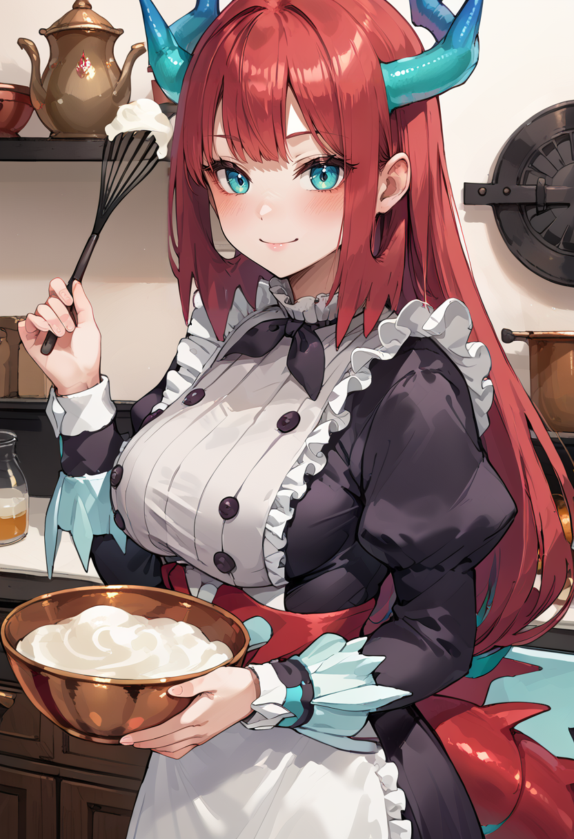 (score_9:0.9),score_8_up,score_7_up,rating_safe,anime style,(zPDXL),<lora:Kitchen Dragonmaid ponyXL v1:0.75>,kitchen dragonmaid,1girl,solo,smile,kitchen,whisk,looking at viewer,bowl,maid clothes,holding bowl,large breasts,closed mouth,blush,holding whisk,