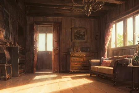 in the style of <lora:howllatentDADAP4:1> , old house, inside, sunlit, lamp,