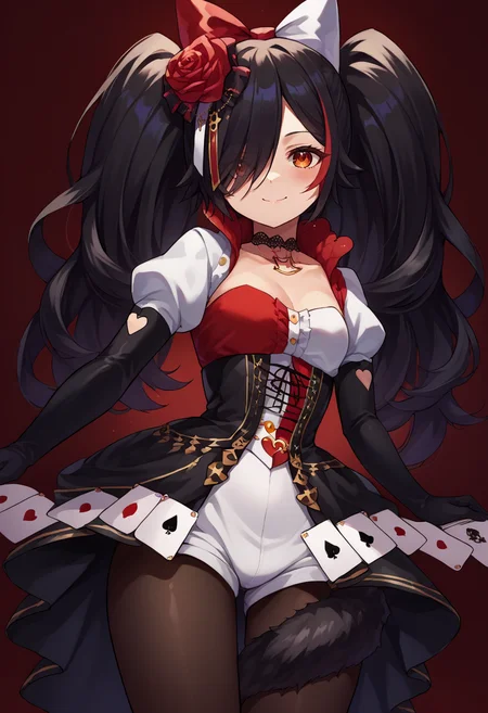 score_9, score_6_up, source_anime, 1girl, solo, mio_wonderland, hair over one eye, twintails, white dress, playing card, black skirt, elbow gloves, corset, short puffy sleeves, black pantyhose, hair flower, hair bow, tail wrap, tail around leg, light smile, red lights <lora:mioXL-10:1>
