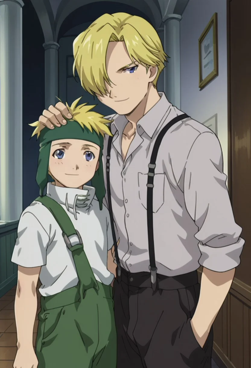 score_9, score_8_up, score_7_up, source_anime, highly detailed, 2boys,
fletchertringham, 1boy, male focus, blonde hair, upper body, standing, shirt, white shirt, pants, short sleeves, headband, green pants, overalls, forehead protector, blue eyes, smile, BREAK
russelltringham, 1boy, male focus, blonde hair, blue eyes, suspenders, shirt, pants, black pants, white shirt, collared shirt, hair over one eye, BREAK
posing for a photo, brothers, hand on another's head, head pat, motion lines, height difference,