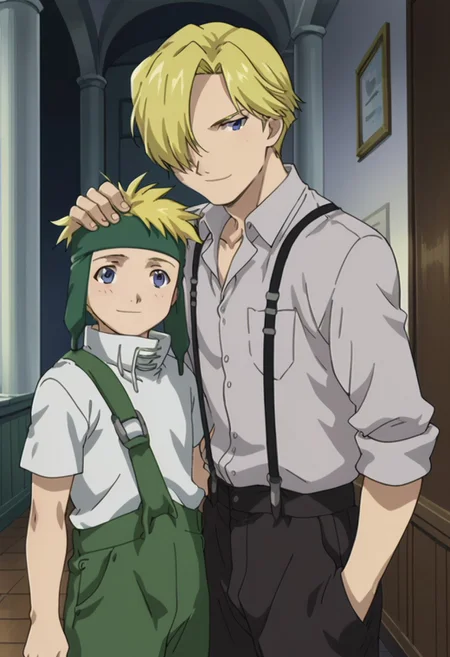 score_9, score_8_up, score_7_up, source_anime, highly detailed, 2boys,

fletchertringham, 1boy, male focus, blonde hair, upper body, standing, shirt, white shirt, pants, short sleeves, headband, green pants, overalls, forehead protector, blue eyes, smile, BREAK

russelltringham, 1boy, male focus, blonde hair, blue eyes, suspenders, shirt, pants, black pants, white shirt, collared shirt, hair over one eye, BREAK

posing for a photo, brothers, hand on another's head, head pat, motion lines, height difference,