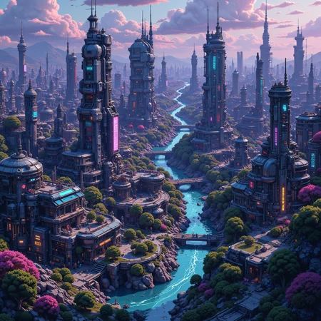 A digital artwork in the style of cknc, isometric cyberpunk fantasy of the futuristic city 7-B-Draka. Diverse biomes flourish alongside towering skyscrapers, combining elements of lush greenery, shimmering water features, and neon-lit urban environments. Realistic textures bring each building and landscape to life, with intricate architectural details and vibrant holographic advertisements illuminating the surroundings. Wispy clouds drift through the skyline, reflecting hues of purple and blue from the city below, creating a majestic atmosphere. Advanced technology woven into everyday life of this utopian metropolis. The artwork draws the viewer into a fantastical world where nature and technology coexist harmoniously.<lora:General Flux\ck-nc-pastel-cyberpunk.safetensors:0.98:1.0> <lora:General Flux\Isometrica_Flux.safetensors:0.35000000000000003:1.0>