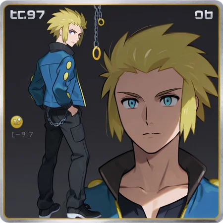 Volkner (Pokemon)
1boy, blonde hair, blue eyes, short hair,sidelocks,
jacket, blue jacket, long sleeves, black shirt, black pants, black shoes, chain hanging from pocket, 3 yellow circles on each arm of jacket,
8k, masterpiece, score_9, score_8_up, score_7_up,
close up portrait, only,
in Take style
Pokemon TCG