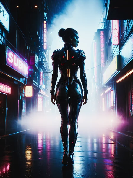 mad-cbrbdy woman walking,surreal digital cityscape, haze, steam, rain, neon light, cyberpunk, <lora:Neon_Cyberpunk_Cyberbody_v2_SDXL:1.2>, raw photo, film grain, Fujifilm XT3, (photorealistic, realistic:1.2), deep shadow, 8k, uhd, dslr, ultra high res