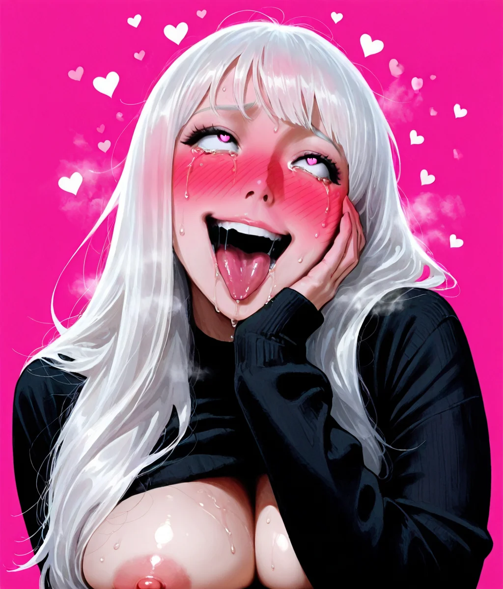 Score_9,score_8_up,score_7_up,1girl,solo,saliva,drooling,rolling eyes,heart-shaped pupils,crying with eyes open,white hair,long hair,big breasts,nipples,blush,sweat,giggling,ahegao,tongue_out,exhausted,felicita,chin rest,happiny,fucked silly,cross-eyed,embarrassed,black sweater,aftersex,too many hearts,uncensored,<lora:Ahegao_Ahegao_v2:0.6>,pink background,upper body,