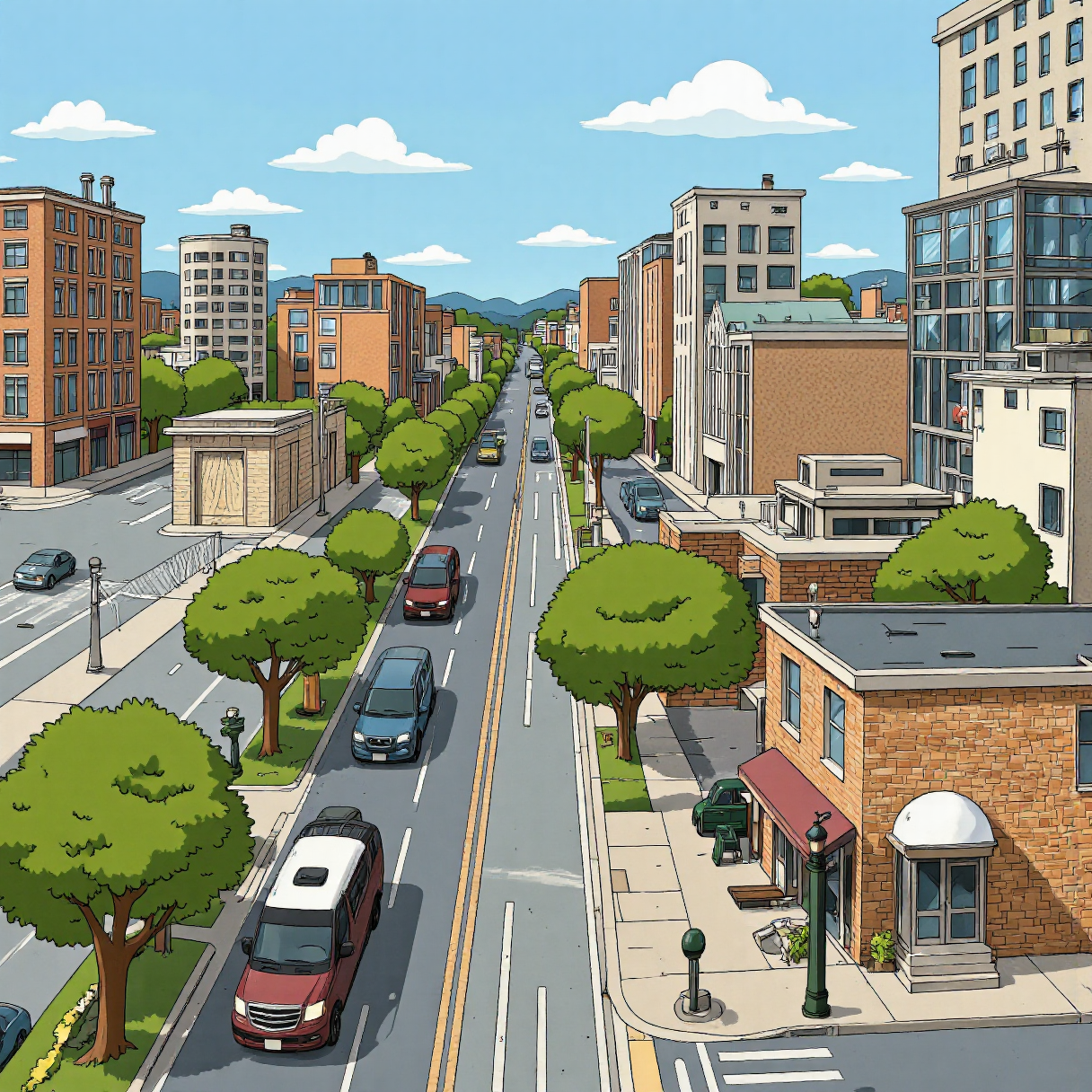 cartoon, a city street , bird view