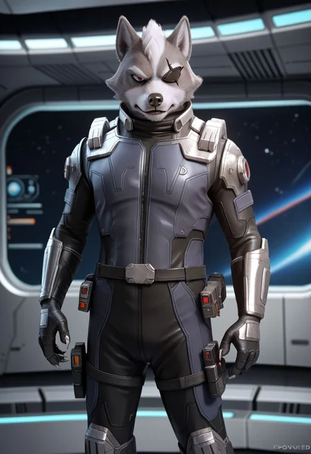 score_9, score_8_up, science fiction, exploration bodysuit, solo, Wolf o'donnell, in spaceship
