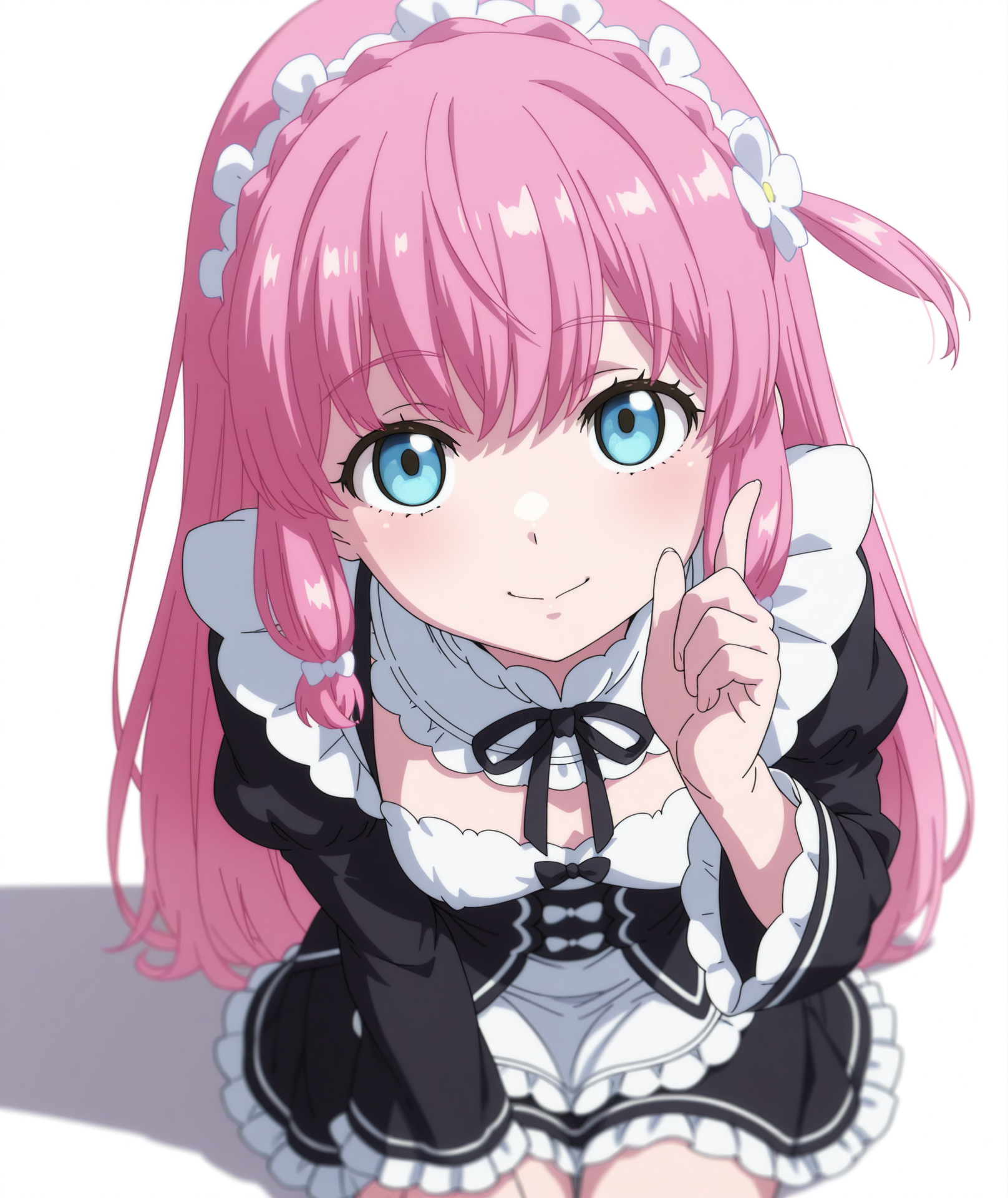 highres, hi res, best quality, masterpiece, 2d, intricate details, 4k, anime coloring, uncensored, shaded, shadow, countershading,
1girl, solo, female, eyelashes, nose, long hair, bangs, blue eyes, hair ornament, pink hair, braid, flower, hair flower, crown braid,
maid headdress, maid, maid apron, long sleeves, frilled skirt, frills, frilled dress, frilled sleeves, maid dress, roswaal mansion maid uniform, 
cowboy shot, foreshortening, looking at viewer, facing viewer, front viewer, sitting, leaning forward, arm support, 
depth of field, white background, <lora:Nei_Ookawamura_ILXL:1>, mato seihei no slave, ookawamura nei \(mato seihei no slave\), ookawamura nei,