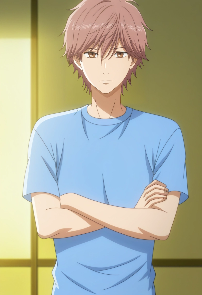 masterpiece, best quality, , anime screencap, anime coloring, , looking at viewer, 1boy, solo, male focus, <lora:taichi_mashima_ilxl:0.9>, taichi_mashima, brown hair, brown eyes, short hair, bangs, hair between eyes, blue shirt, crossed arms, distant gaze, calm expression, standing pose, soft morning light, linen shirt,