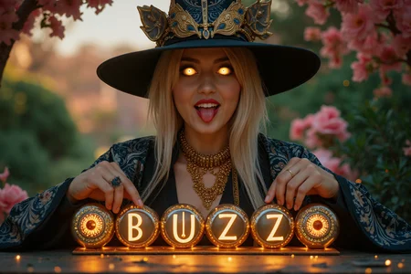 cute witch with tongue out, very white skin, 18 year olds, the dynamic advertision of lotto winner,Gothic Font style, 6 chrome gold numberings infront of An attractive an white gold hair with glowing eyes the witch with big hat is funny smiling, wearing fancy gold and gems and led light of the witch costume, necklace,rings, erring,makeup, eyes shadow, white shirt, arranges 6 chrome gold numberings in a neat row on the table, posing playfully.the camera focuses on the 6 chrome gold numberings. The 6 chrome gold gems numberings shows the word "BUZZ" at the ball, aurora light effect
, __fantasy-theme__
