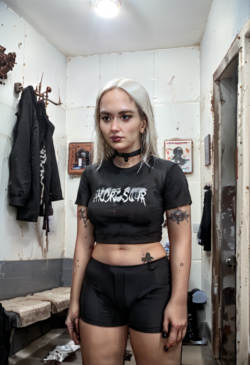 (score_9,score_8_up,score_7_up:1), 1girl, dutch angle high, horror, neon body light, low ambient light, amused, <lora:gg3:1> Goth girl, black sports bra and skintight shorts, flat tummy, narrow shoulders, white hair, coif high bun, choker, eyeshadow)) (albino rough skin), pawg, wide hips, milf, <lora:butt:1>, at attention, ornate changing room, (<lora:zavy-cntrst-sdxl:1> chiaroscuro, low-key, horror), <lora:SummertimeSagaXL_Pony:1> Drawn in the style of Summertime Saga, <lora:add-detail-xl:1>, <lora:ALTXL_pony_0061_8:1.5>,