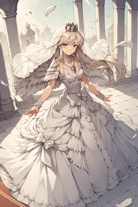 score_9, score_8_up, score_7_up, , rating_general,1girl ,epwd, crown, bridal veil, feather choker, feather pauldrons, necklace, wedding dress, dynamic angle , source_anime,  cowboy shot, smile, <lora:EnterprisePDCAMEcomplete AL:1>, full portrait,