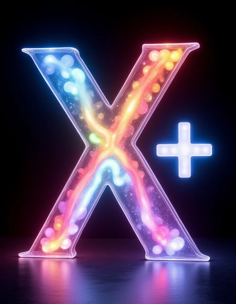 Write a large "X+" with a transparent and colorful, glowing effect