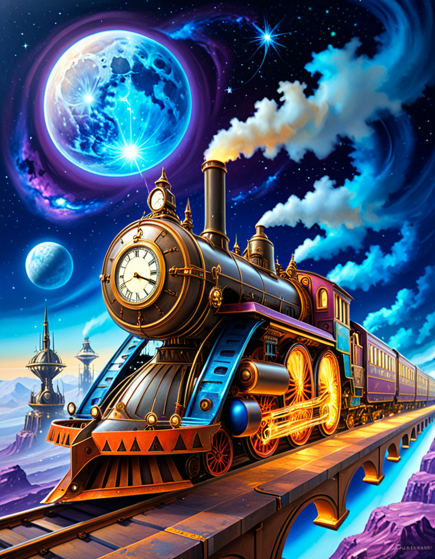 A surreal, steampunk-inspired painting of a fantastical train speeding through deep space, in the distinctive style of JarosÅaw Jasnikowski. The train is elongated, with exaggerated mechanical partsâgears, pistons, brass pipes, and rotating turbinesâinterwoven with intricate ornamentation and impossible engineering. The locomotive defies gravity, riding on luminous rails made of light and energy that twist and spiral into the cosmic void. Stars, nebulae, and strange planetary bodies fill the background, glowing in vibrant hues of violet, blue, and crimson. The train's engine emits streams of golden steam and electric sparks that blend into the surrounding stardust. Elements of surreal architectureâfloating domes, clock towers, and spiresâdrift alongside the train, evoking a dreamlike journey through a mechanical universe. The atmosphere is otherworldly, with dramatic lighting, long shadows, and rich, metallic textures. The entire composition has a dreamlike, metaphysical quality, with exaggerated perspective and impossible physics, capturing Jasnikowskiâs unique visual language.<lora:SDXLFaeTastic2400:0.4> <lora:extremely_detailed:0.4> extremely detailed, <lora:JarosÅaw_J4sn1k0wsk1_r1:1>,JarosÅaw J4sn1k0wsk1, Masterpiece,best quality,hi res,8k,hi res,8k,award winning,(sharp focus, intricate, highly detailed),