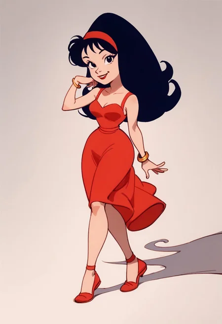 score_9, score_8_up, score_7_up BREAK Sexilia, 1girl, black hair, black eyes, red hairband, red lipstick, gold bracelet, sleeveless dress, smiling at viewer, full body,