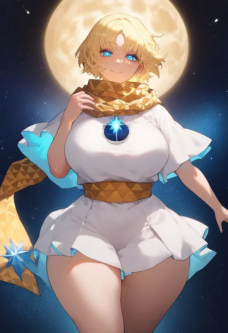 (score_9, score_8_up, score_7_up, perfect, high quality, best quality, ultra-detailed, very aesthetic, illustration, perfect composition, intricate details, absurdres, high res image, masterpiece, vibrant colors, beautiful face, detailed face, 1girl, solo focus, perfect eyes, detailed eyes, perfect hands), female, voyager, blonde hair, short hair, bangs, parted bangs, blue eyes, bright pupils, pale skin, thick thighs, (venus body, perfect body, large breasts), curvy body, huge hips, (baggy clothes, star (symbol), yellow scarf, scarf, short sleeves, tunic), (floating, smiling, slight blush, looking at viewer), (sky, starry background, space)