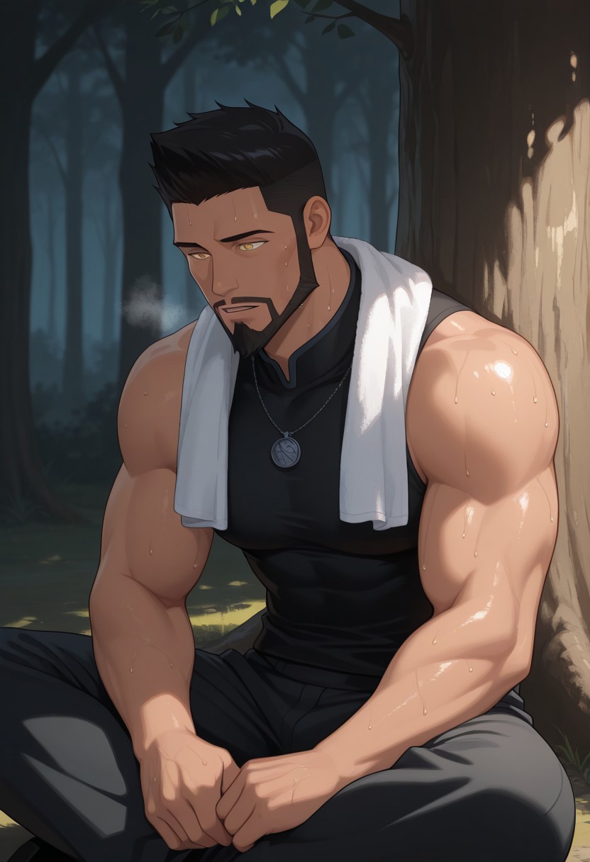 masterpiece, best quality, absurdres, newest, perfect quality, best quality, intricate details, BREAK, 1boy, Vesemir, black hair, short haircut, beard, light yellow eyes, male focus, mature male, muscular BREAK, fur coat, dark gray/black clothes, solo, dinamic
angle, resting, sitting on
the ground, Indian style,
under the shade of a
tree, towel around neck,
exhausted, (panting, out
of breath, gasping for
air, sweating)