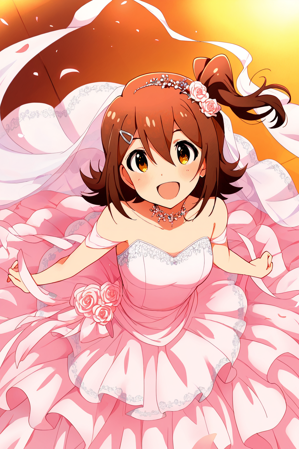 masterpiece,best quality,very aesthetic,absurdres,highres,newest,official art,official style,
1girl,solo,
kasuga mirai,brown eyes,brown hair,hairclip,hair ornament,hair between eyes,one side up,side ponytail,medium hair,
wedding dress,pink dress,
<lora:eye_focus_illus:1>,eye_focus,
<lora:idolmaster_kasuga_mirai_ill_v1.0:1>,