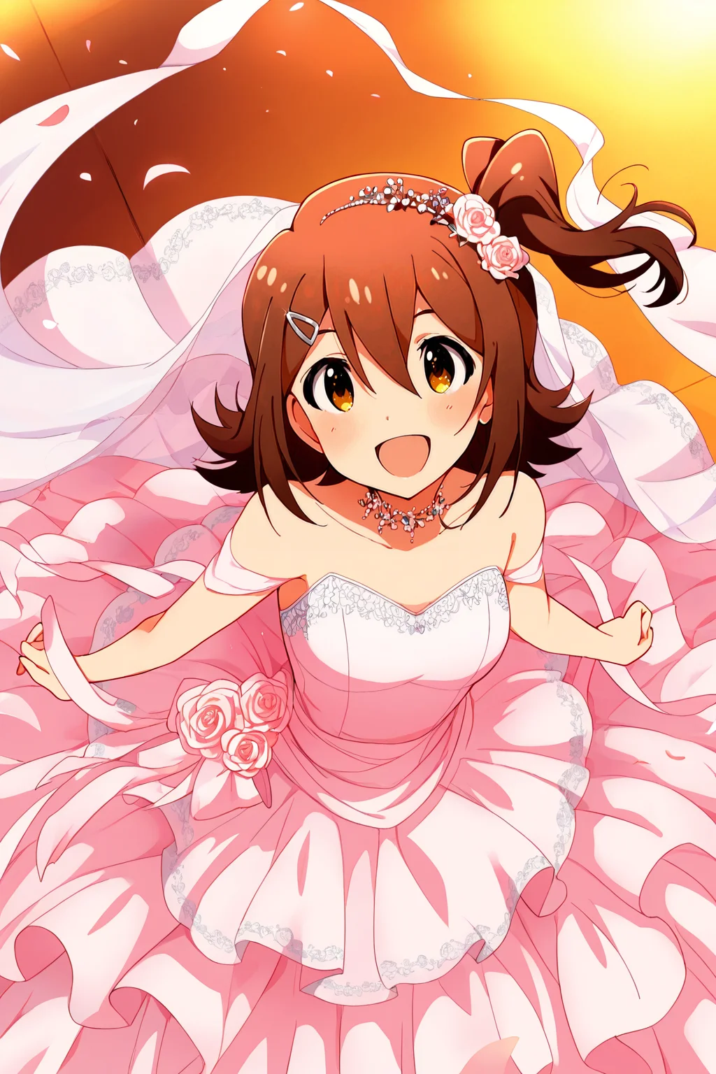 masterpiece,best quality,very aesthetic,absurdres,highres,newest,official art,official style,
1girl,solo,
kasuga mirai,brown eyes,brown hair,hairclip,hair ornament,hair between eyes,one side up,side ponytail,medium hair,
wedding dress,pink dress,
<lora:eye_focus_illus:1>,eye_focus,
<lora:idolmaster_kasuga_mirai_ill_v1.0:1>,