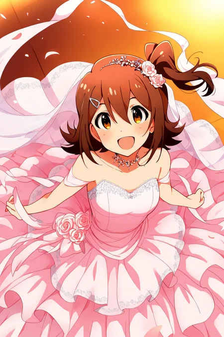 masterpiece,best quality,very aesthetic,absurdres,highres,newest,official art,official style,
1girl,solo,
kasuga mirai,brown eyes,brown hair,hairclip,hair ornament,hair between eyes,one side up,side ponytail,medium hair,
wedding dress,pink dress,
<lora:eye_focus_illus:1>,eye_focus,
<lora:idolmaster_kasuga_mirai_ill_v1.0:1>,