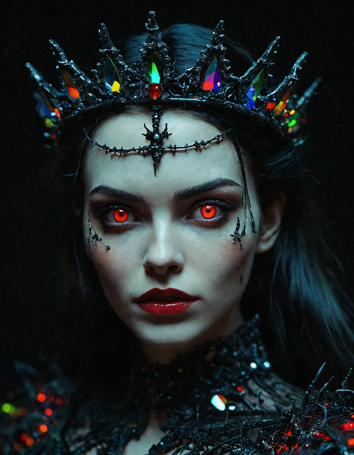 extreme closeup macro shot Enchanting, vampire queen with glowing crimson eyes and a crown of thorns, ruling over a dark, gothic kingdom of eternal night, rendered in a dark, horror-comic style with bold lines and muted colors, isolated on a solid red background with bold, black highlights. <lora:models\XL\- SDXL - otclillsn_impossible_geo_V1.0:0.23>, <lora:models\XL\- SDXL - holo_effect_V1.0:0.2>, <lora:models\XL\- SDXL - vanta-black_contrast_V3.0:0.3>, <lora:models\XL\MJ52_v1.3_Li:0.19>, <lora:models\SDXL\ral-vhstp:1> ral-vhstp,, rainbow holographic prismatic iridescent multi-colored ornate glossy material, hard plastic, black tar ooze, tubing, surreal, global illumination, volumetric lighting, atmospheric haze, dense fog, sharp focus, selective focus, soft focus, dof, depth of field, specular occlusion ambient lighting, god rays, anaglyphic distortions, rainbow light prism explosions