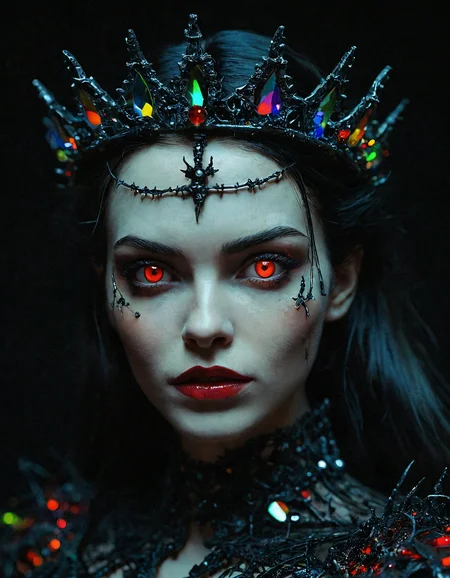 extreme closeup macro shot Enchanting, vampire queen with glowing crimson eyes and a crown of thorns, ruling over a dark, gothic kingdom of eternal night, rendered in a dark, horror-comic style with bold lines and muted colors, isolated on a solid red background with bold, black highlights.  <lora:models\XL\- SDXL - otclillsn_impossible_geo_V1.0:0.23>, <lora:models\XL\- SDXL - holo_effect_V1.0:0.2>, <lora:models\XL\- SDXL - vanta-black_contrast_V3.0:0.3>, <lora:models\XL\MJ52_v1.3_Li:0.19>, <lora:models\SDXL\ral-vhstp:1> ral-vhstp,, rainbow holographic prismatic iridescent multi-colored ornate glossy material, hard plastic, black tar ooze, tubing, surreal, global illumination, volumetric lighting, atmospheric haze, dense fog, sharp focus, selective focus, soft focus, dof, depth of field, specular occlusion ambient lighting, god rays, anaglyphic distortions, rainbow light prism explosions
